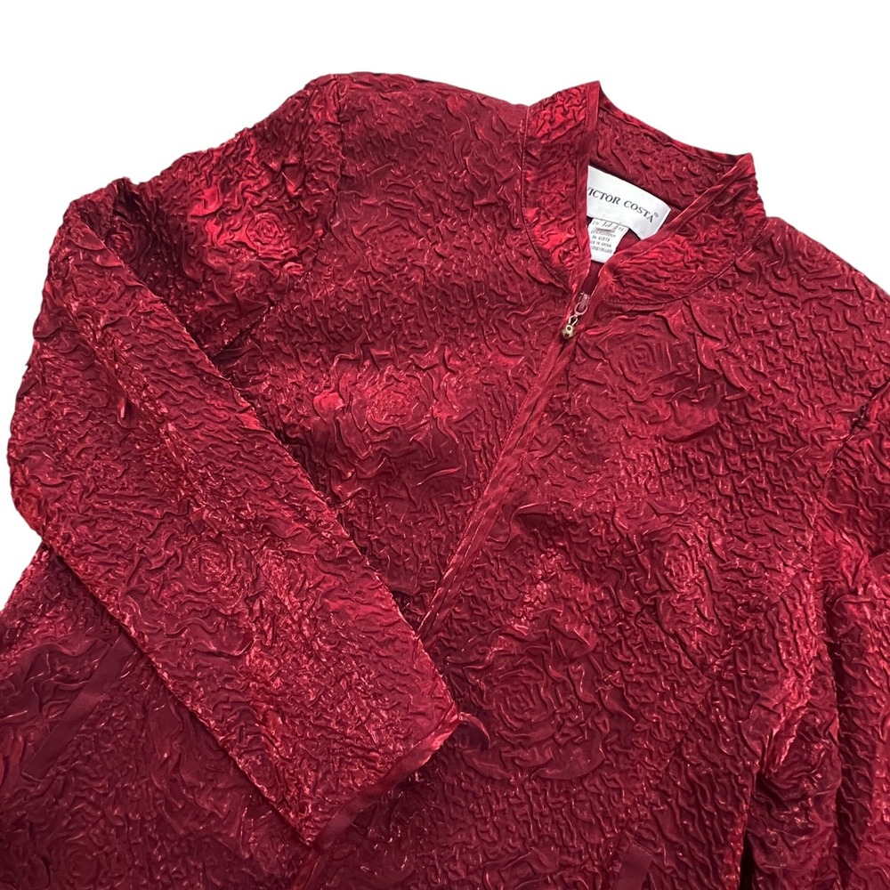 Vintage Victor Costa Red Metallic Textured Floral Zip Jacket Womens 14 Elegant